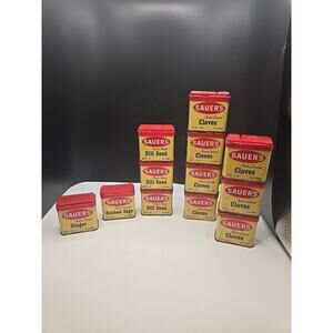 Vintage Lot of 14 Spice Tins Sauer's and Clove, Dill Seed, Rubbed Sage, Ginger